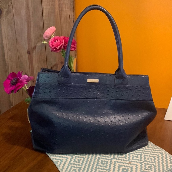 Kate Spade Bow Handbag + Large Ziparound Wallet Clutch Set Navy Ostrich - Picture 2 of 9